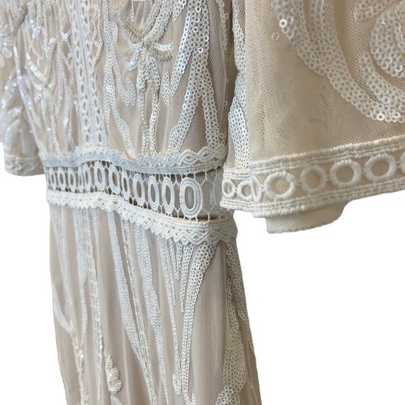 Endless Rose Beaded Brocade Dress Womens Size S White Sequin Nude lining - Picture 5 of 15